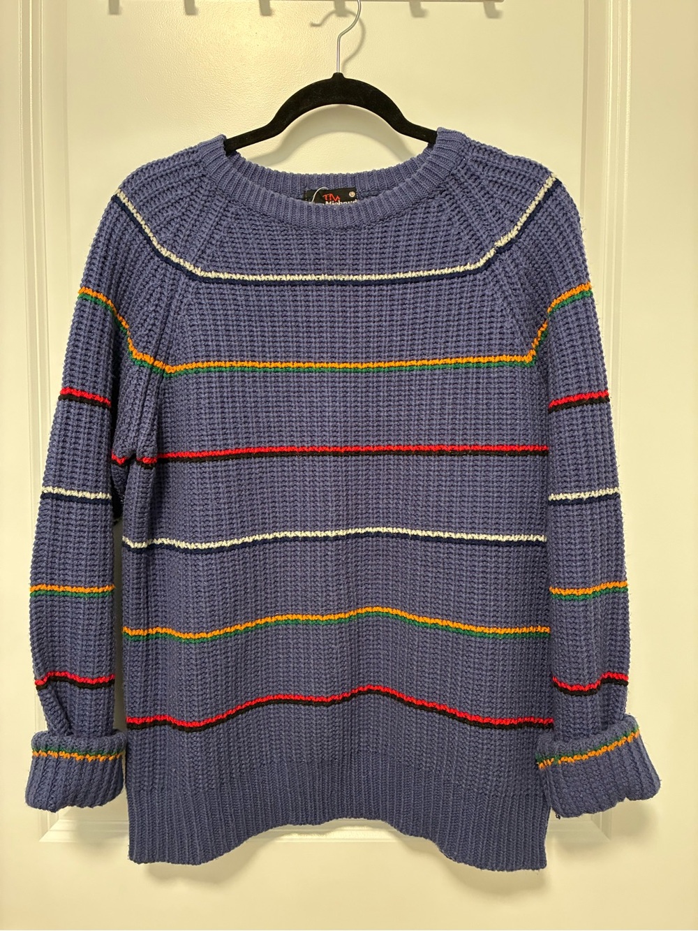 Men's Lavender Crewneck Sweater with Multicolor Stripe Accents